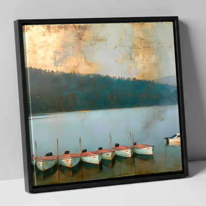 Windermere Boats Under Gold Skies lake district lake canvas wall art in black frame