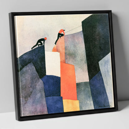 Climbers Ascending a Geometric Crag lake district walking canvas wall art in black frame