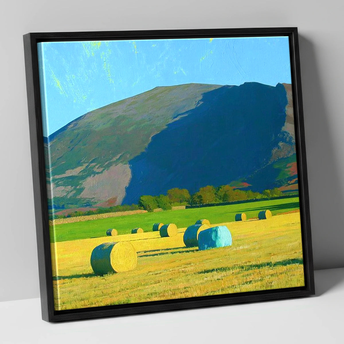 Blencathra Above Sunlit Hay Bales lake district fell canvas wall art in black frame