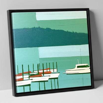 Moored Boats on a Teal Windermere lake district lake canvas wall art in black frame