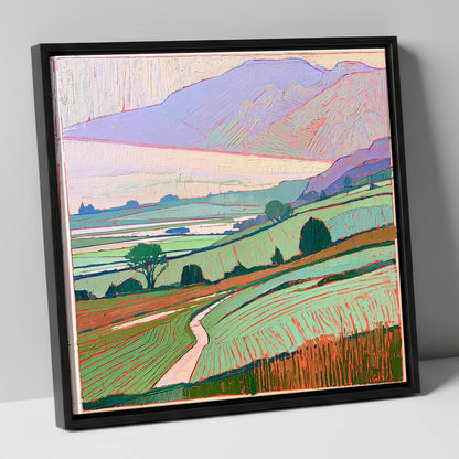 Pastel Mist Over Valley Fields lake district sky canvas wall art in black frame