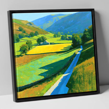 Vibrant Valley Below Blue Fells lake district valley canvas wall art in black frame