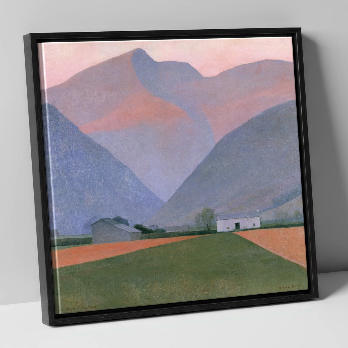 Valley Farm Beneath Pastel Fells lake district valley canvas wall art in black frame