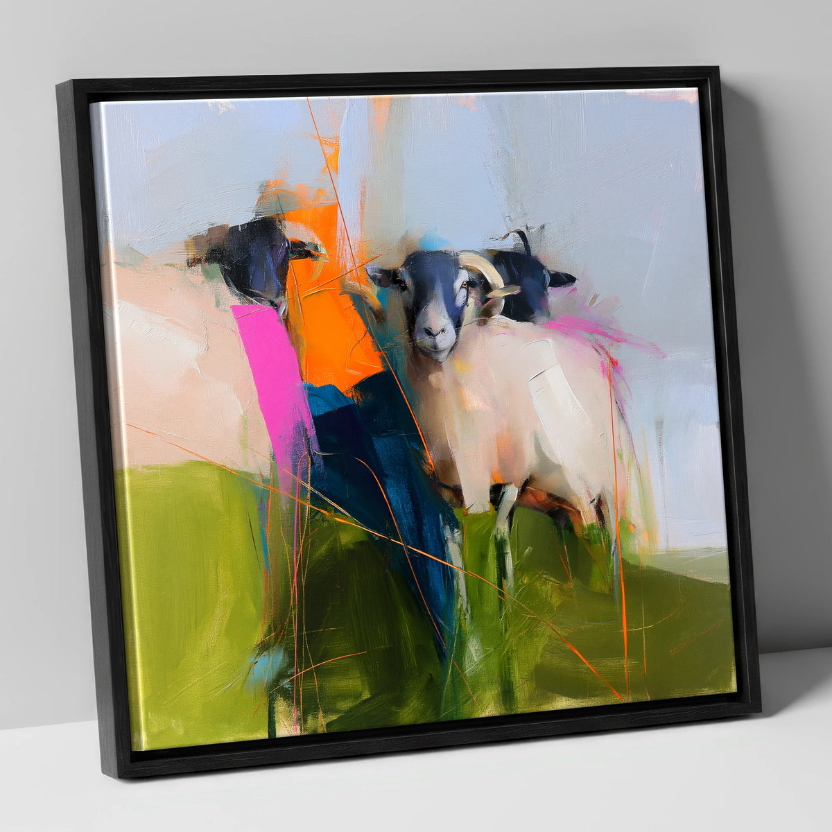 Abstract Herdwick Sheep on Fellside lake district wildlife canvas wall art in black frame