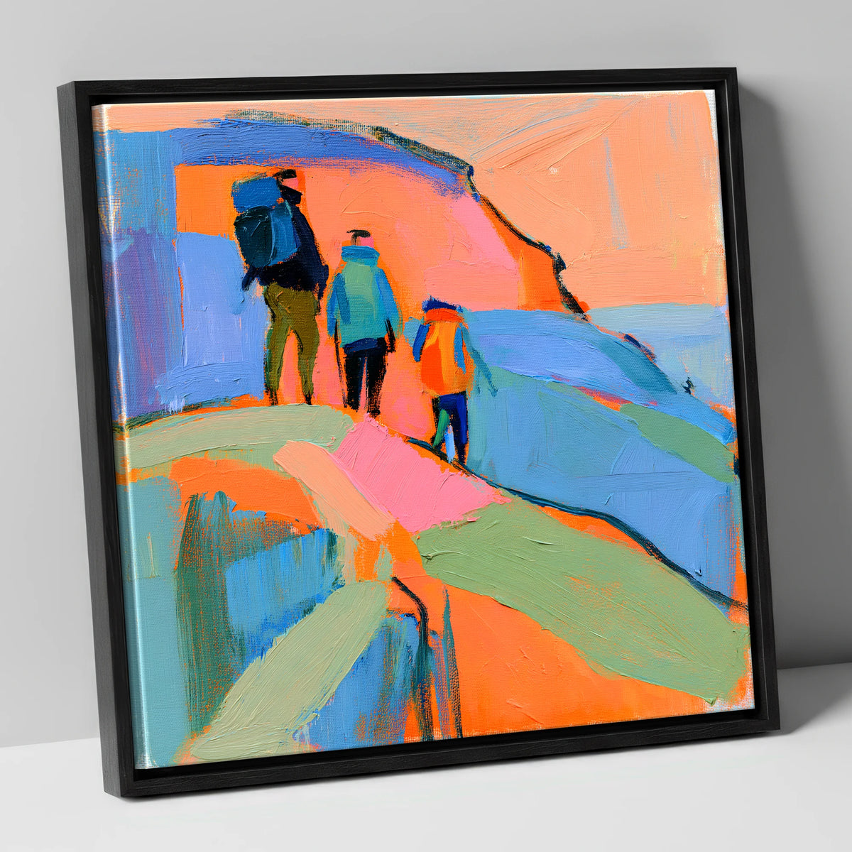 Abstract Hikers on a Fell lake district fell canvas wall art in black frame