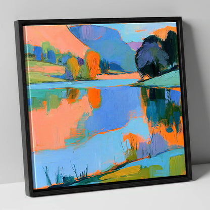 Vibrant Reflections on a Calm Lake lake district lake canvas wall art in black frame
