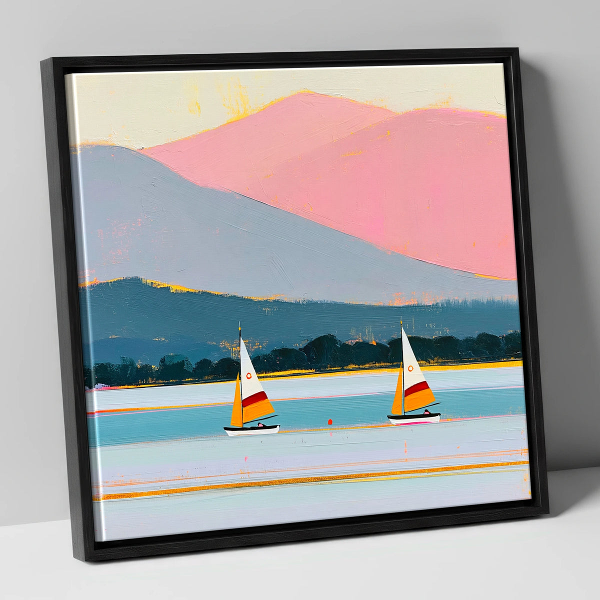 Windermere Sailboats and Pink Fells lake district lake canvas wall art in black frame
