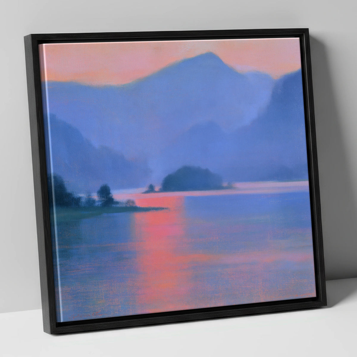 Derwentwater and Catbells in Pink Light lake district lake canvas wall art in black frame