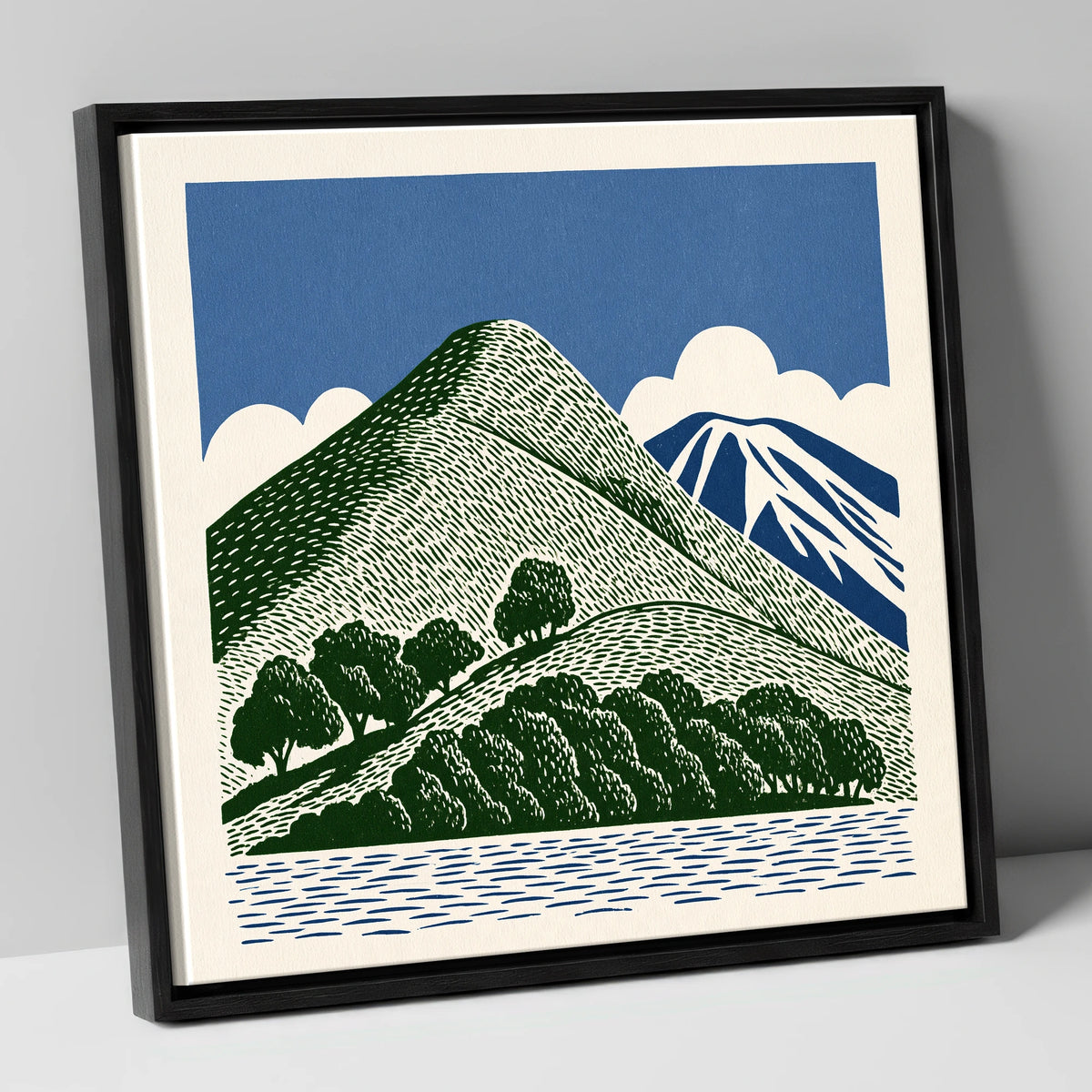 Catbells in Green and Navy lake district fell canvas wall art in black frame