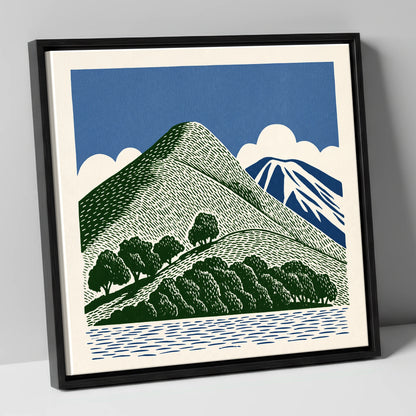 Catbells in Green and Navy lake district fell canvas wall art in black frame