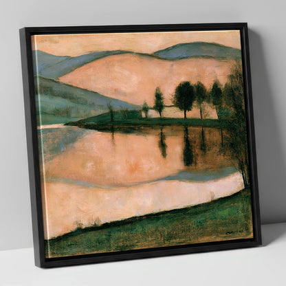 Terracotta Dawn Over Still Lake lake district lake canvas wall art in black frame