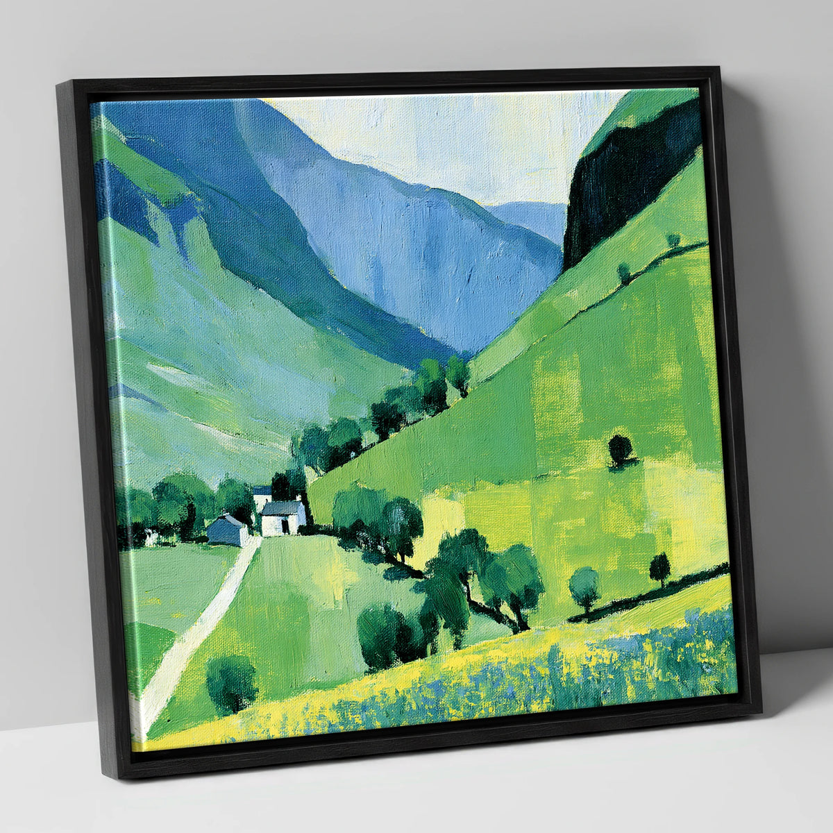 Vibrant Green Valley and Fells lake district valley canvas wall art in black frame