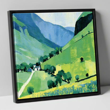 Vibrant Green Valley and Fells lake district valley canvas wall art in black frame