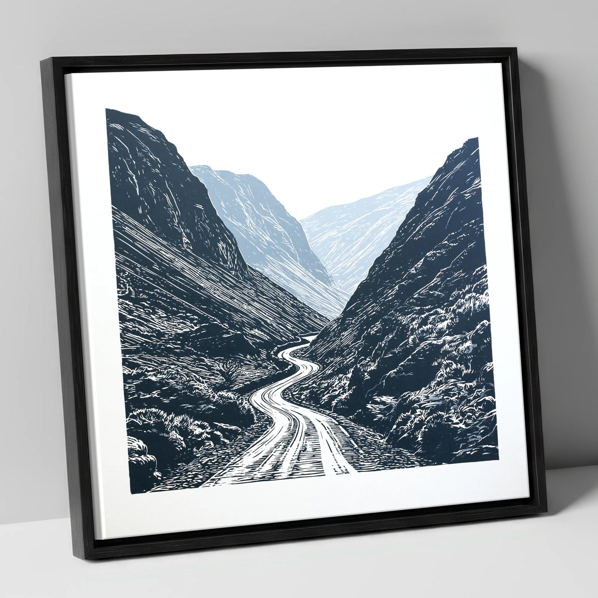 Honister Pass in Bold Navy lake district valley canvas wall art in black frame