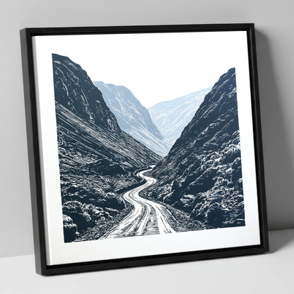Honister Pass in Bold Navy lake district valley canvas wall art in black frame