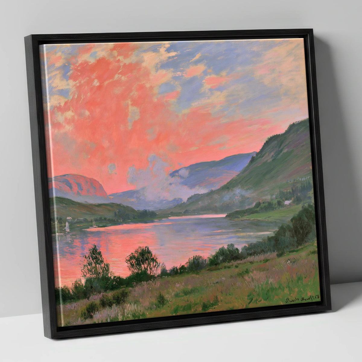Coral Sunset Over The Lake lake district lake canvas wall art in black frame