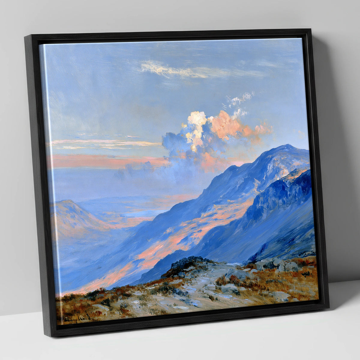 Sunlit Summit Over Blue Fells lake district fell canvas wall art in black frame