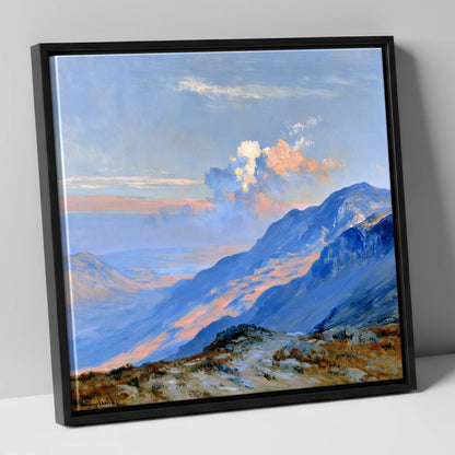 Sunlit Summit Over Blue Fells lake district fell canvas wall art in black frame