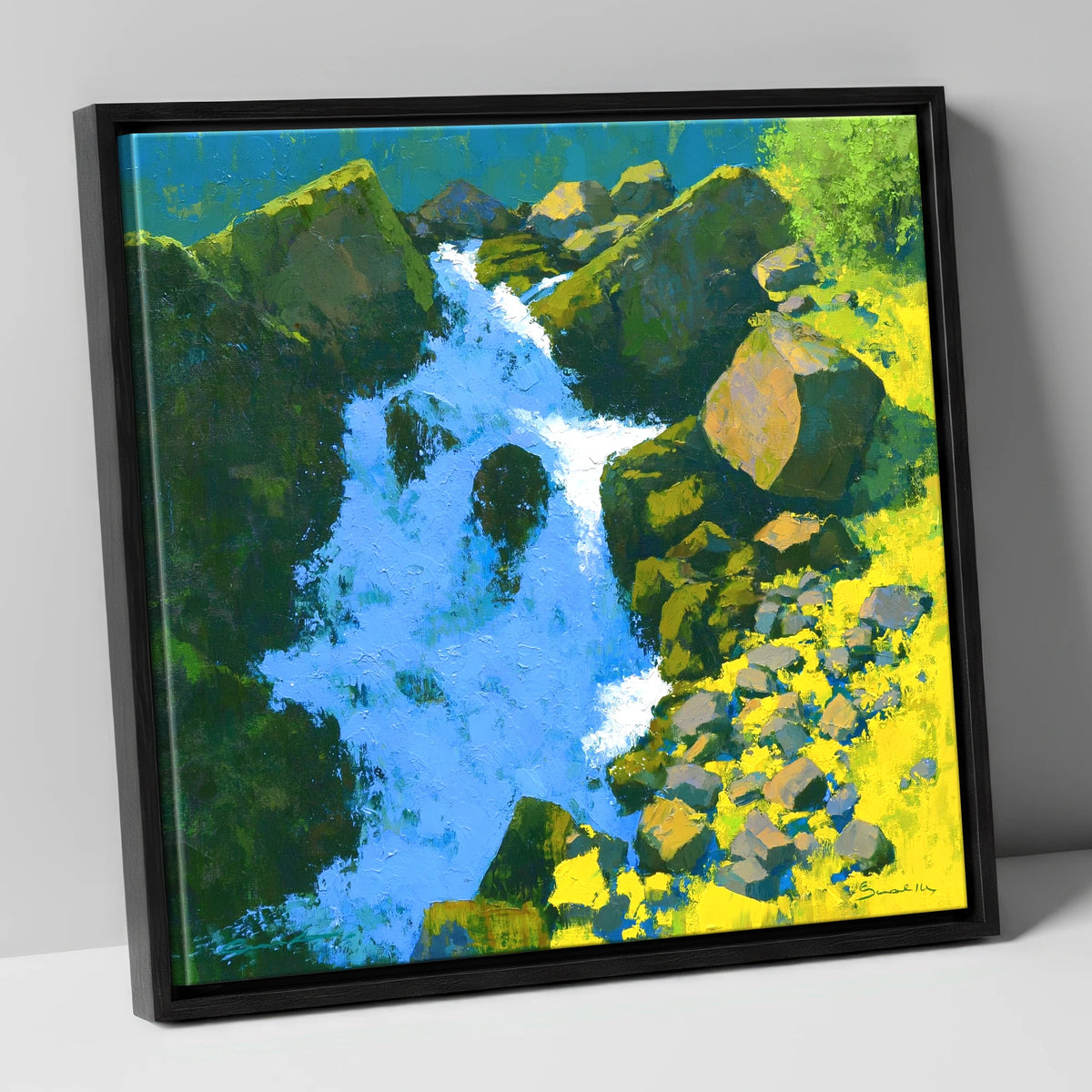 Vibrant Ghyll Waterfall and Sunlit Rocks lake district waterfall canvas wall art in black frame