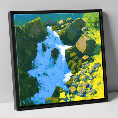 Vibrant Ghyll Waterfall and Sunlit Rocks lake district waterfall canvas wall art in black frame