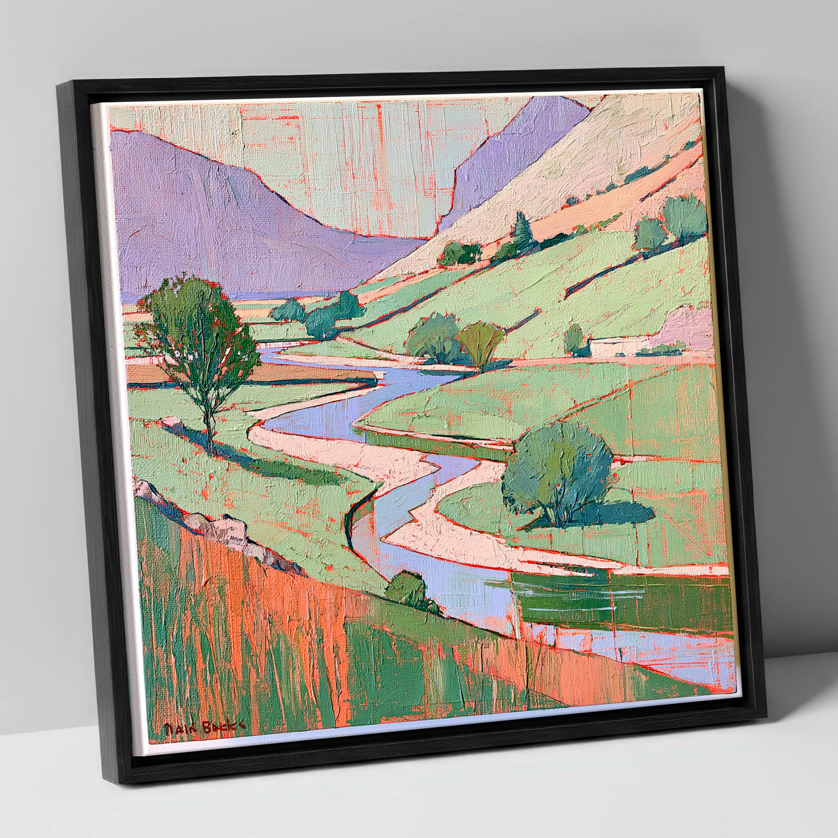Winding River In Pastel Fells lake district waterfall canvas wall art in black frame