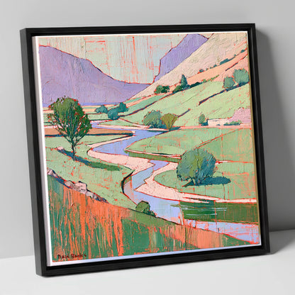 Winding River In Pastel Fells lake district waterfall canvas wall art in black frame
