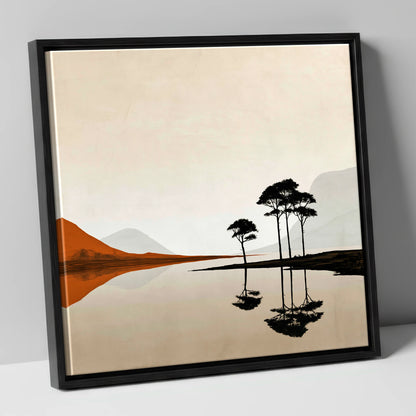 Dawn Lake with Silhouetted Pines lake district lake canvas wall art in black frame