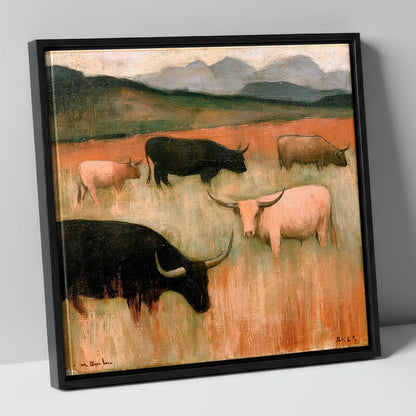 Highland Cattle on Warm Fells lake district wildlife canvas wall art in black frame