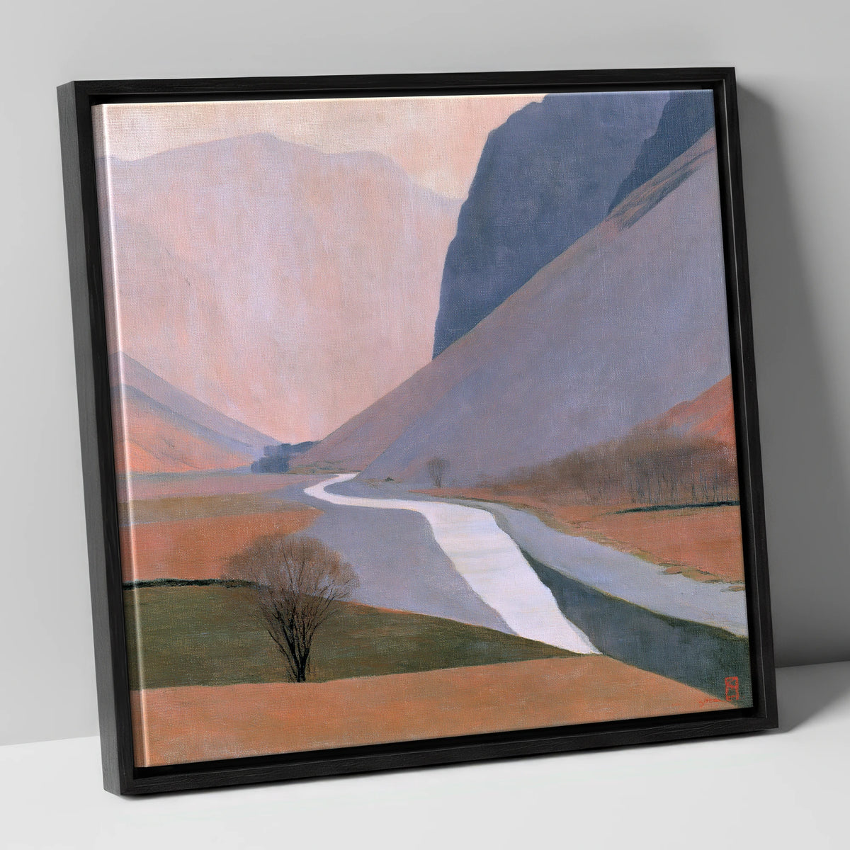 Winding River Beneath Slate Fells lake district waterfall canvas wall art in black frame