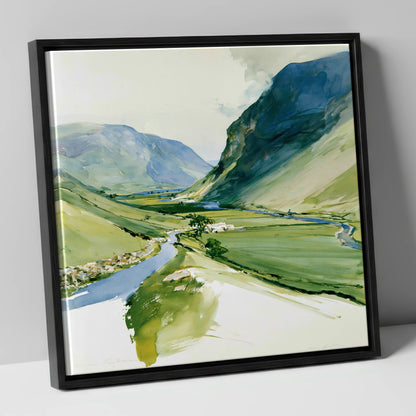 Green Valley and Winding Beck lake district valley canvas wall art in black frame