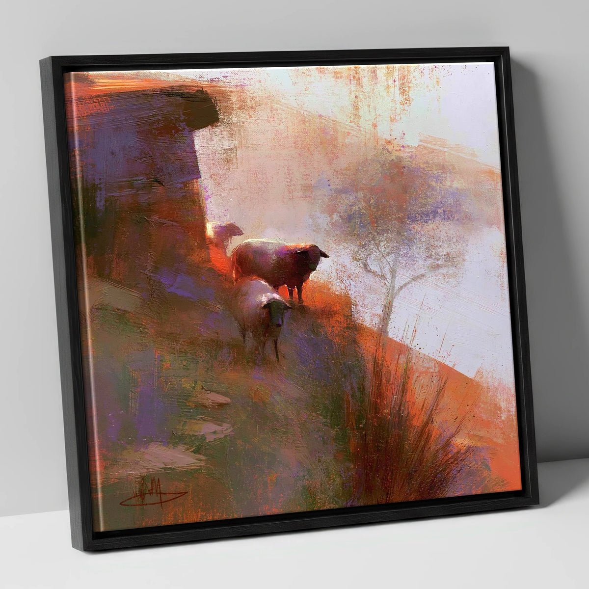 Herdwick Sheep on Sunlit Fellside lake district wildlife canvas wall art in black frame