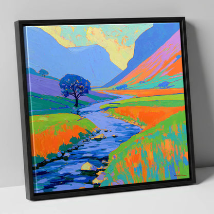 Vivid River In The Valley lake district waterfall canvas wall art in black frame