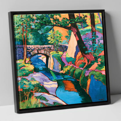 Vibrant Bridge Over Turquoise Beck lake district waterfall canvas wall art in black frame