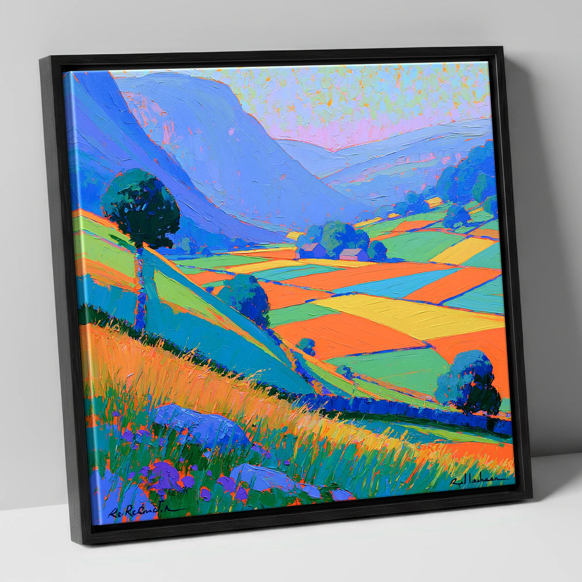 Bold Patchwork Fields and Fells lake district valley canvas wall art in black frame