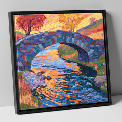 Stone Bridge over a Golden Beck lake district waterfall canvas wall art in black frame