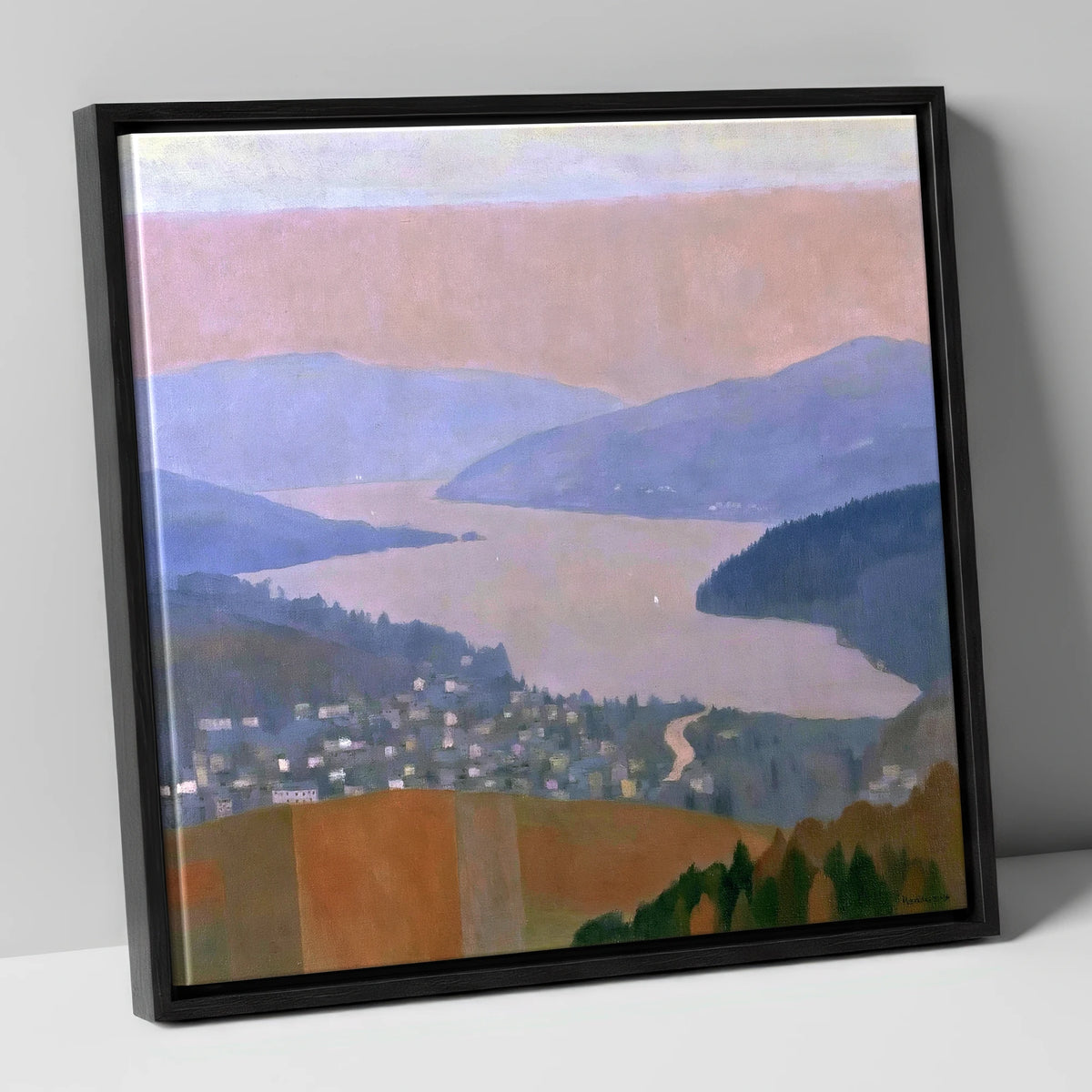 Ambleside and Lake in Pastel Dusk lake district village canvas wall art in black frame