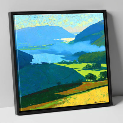 Misty Valley and Sunlit Lakeland Fields lake district sky canvas wall art in black frame
