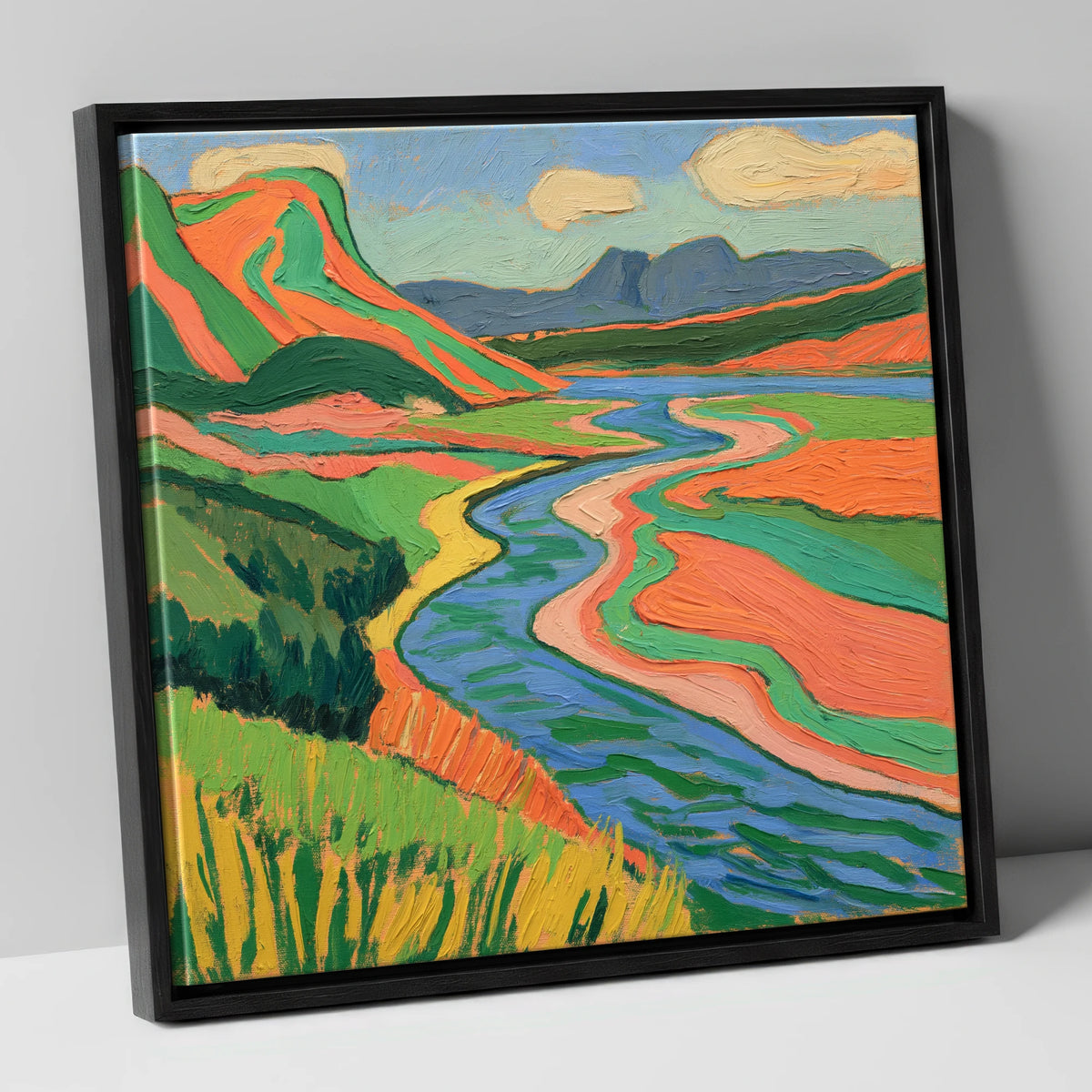 Bold Winding River and Fells lake district waterfall canvas wall art in black frame