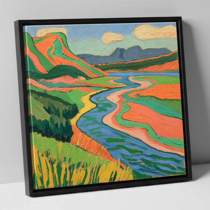 Bold Winding River and Fells lake district waterfall canvas wall art in black frame