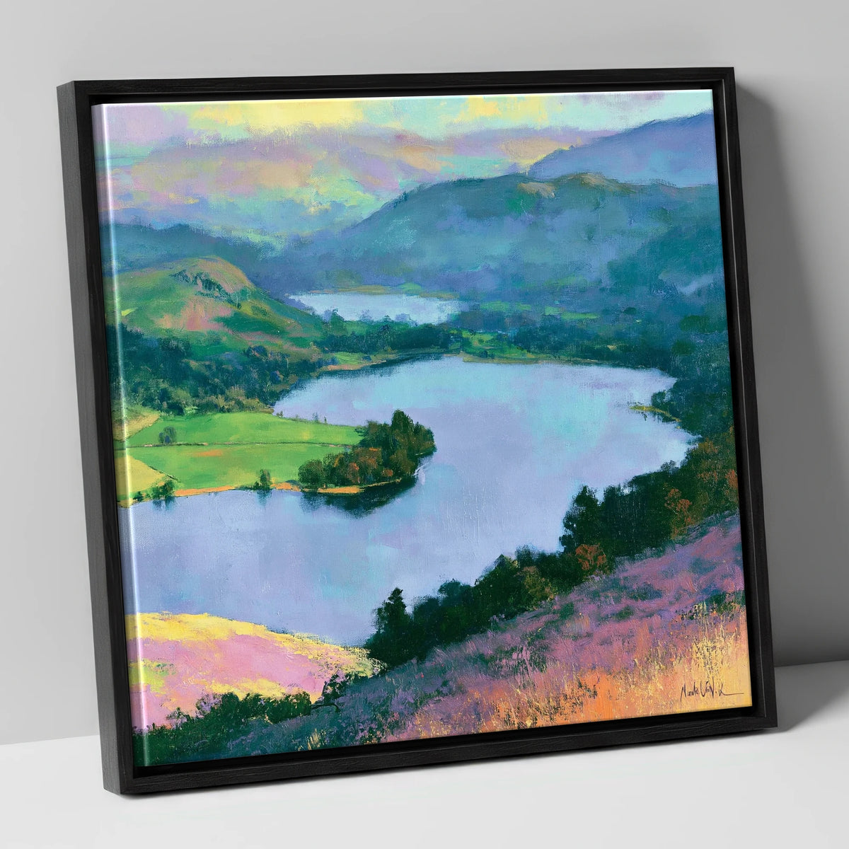 Grasmere Above Purple Bracken lake district lake canvas wall art in black frame