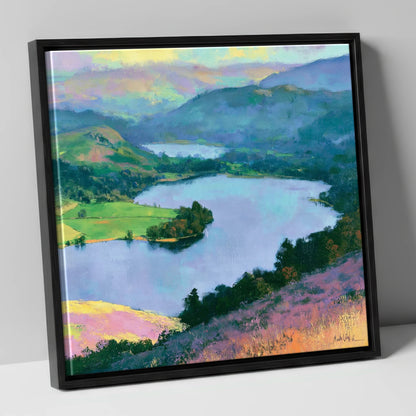 Grasmere Above Purple Bracken lake district lake canvas wall art in black frame