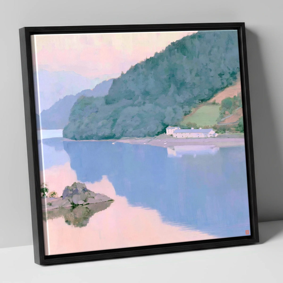 Pink Dawn on Coniston Water lake district lake canvas wall art in black frame