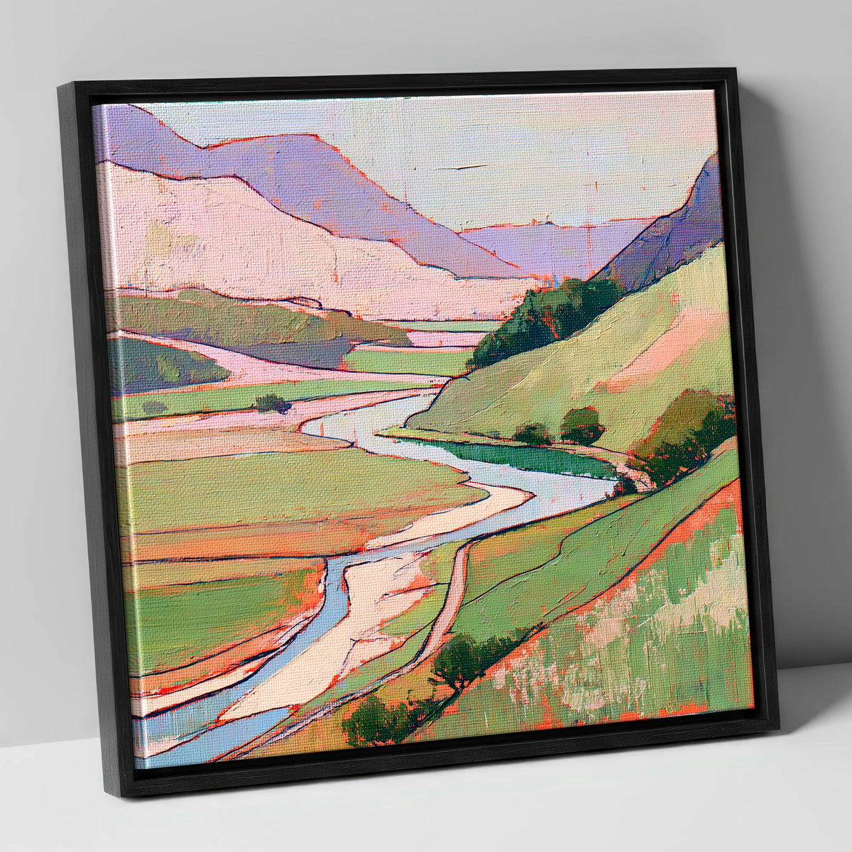 Pastel Fells and Winding River lake district waterfall canvas wall art in black frame
