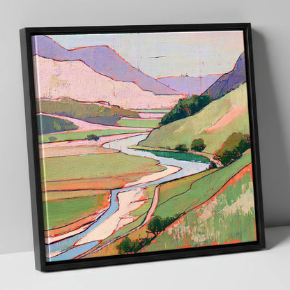 Pastel Fells and Winding River lake district waterfall canvas wall art in black frame