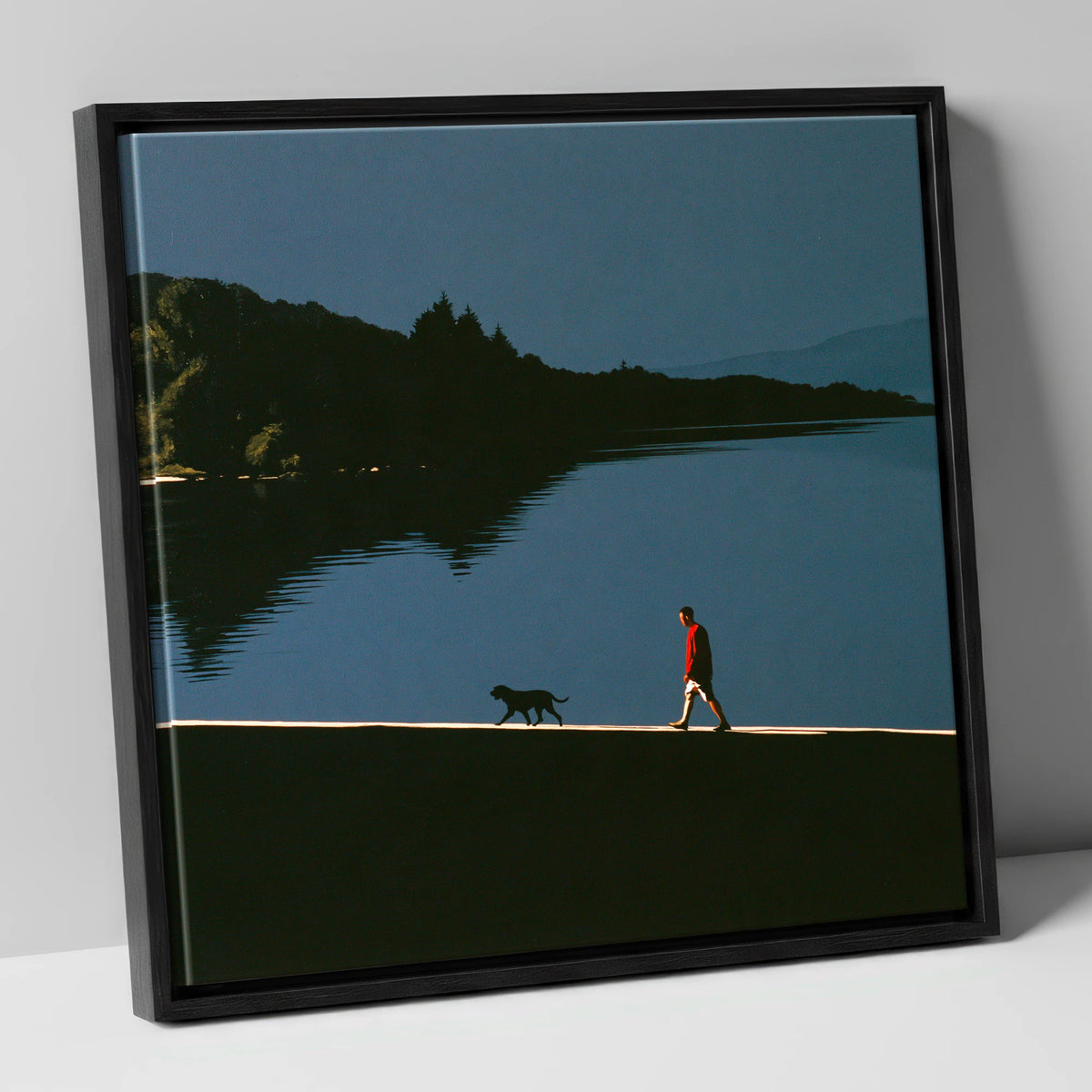 Coniston Water Dog Walk Silhouette gifts for dog walkers canvas wall art in black frame