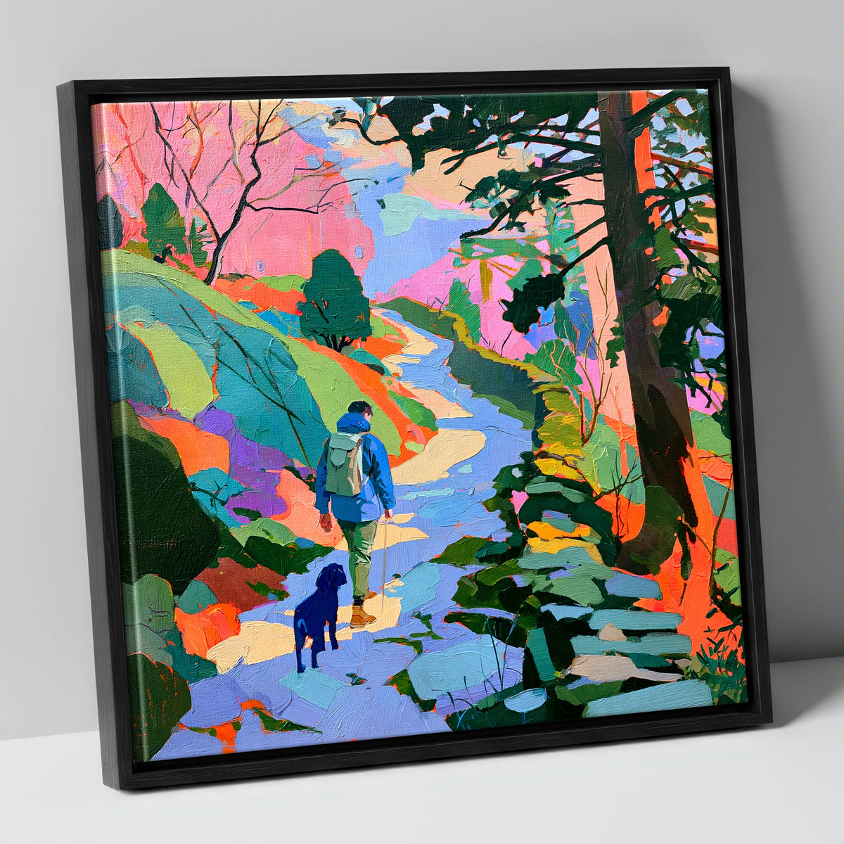 Colourful Hawkshead Dog Walk gifts for dog walkers canvas wall art in black frame