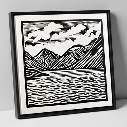 Wastwater Fells in Monochrome lake district lake canvas wall art in black frame