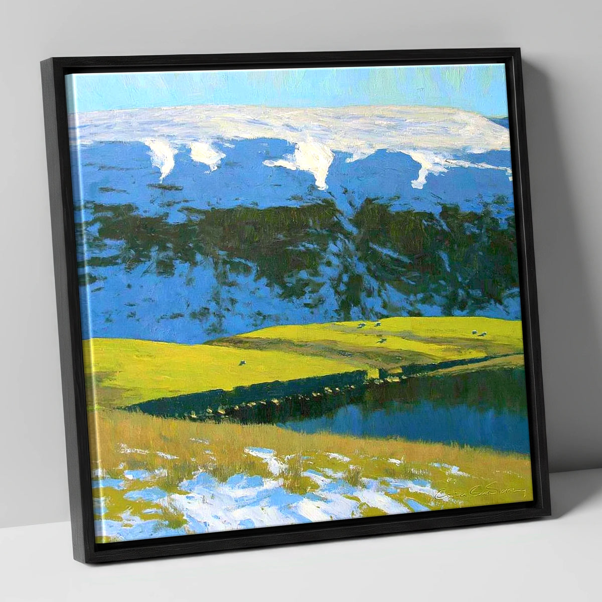 Snowy Ridge on Maiden Moor lake district fell canvas wall art in black frame