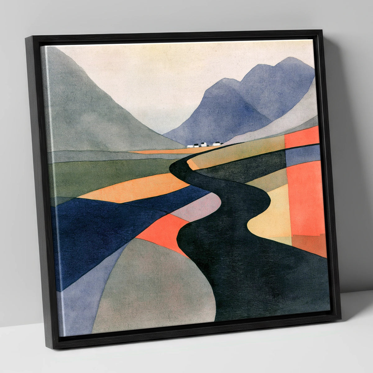 Winding River in Bold Colours lake district waterfall canvas wall art in black frame