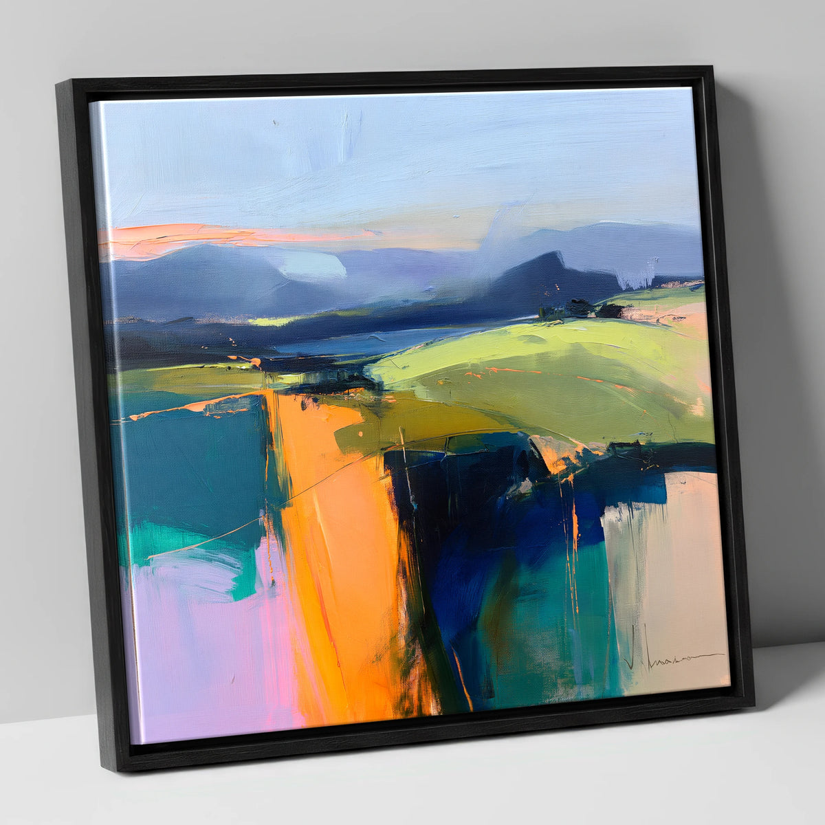Vibrant Golden Evening Fells lake district sky canvas wall art in black frame